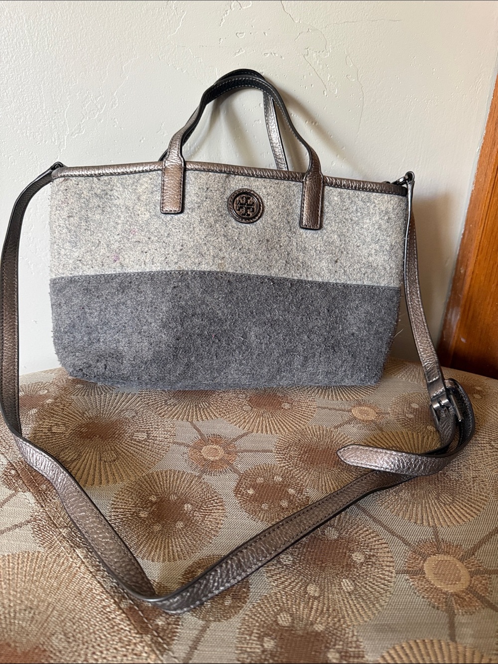 Tory Burch Two-Tone Gray Wool Shoulder Bag with Metallic Trim
